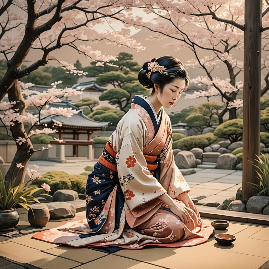 Japanese Woman Preparing Tea in Ukiyo-e Style