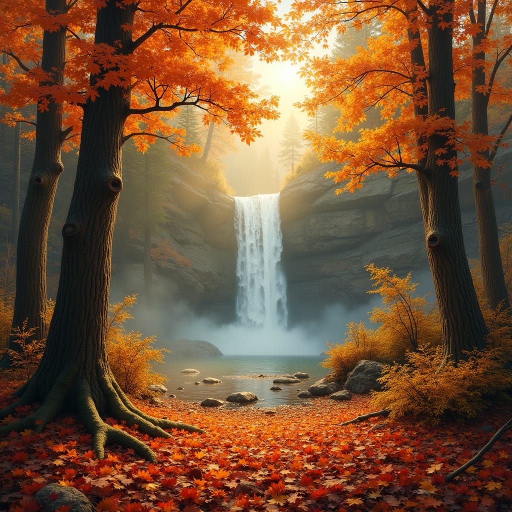 Autumn Forest Waterfall in Golden Light