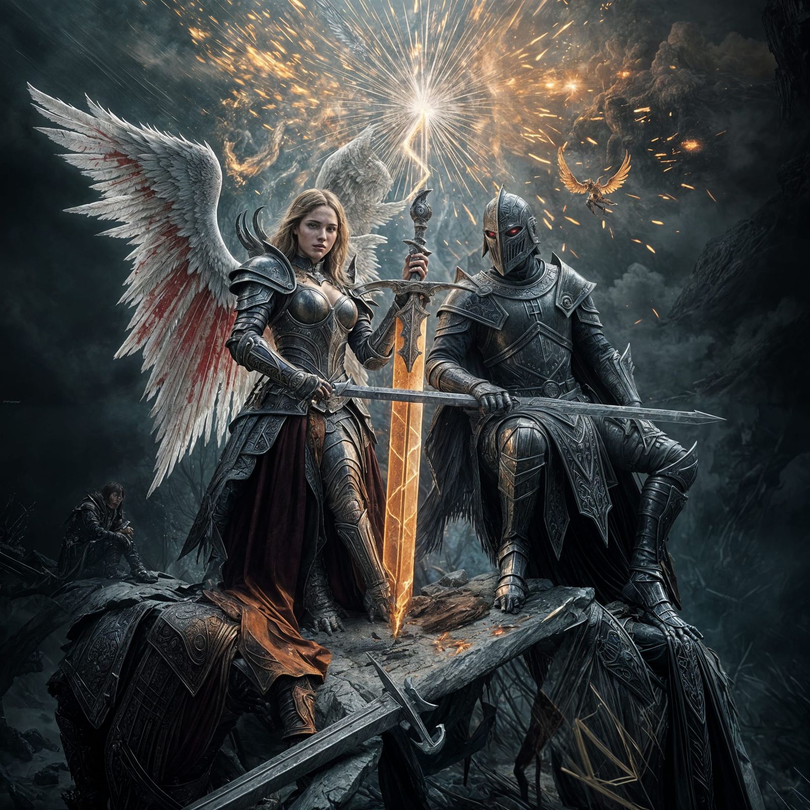Dark Fantasy Armored Knights with Angelic Wings in Epic Batt...