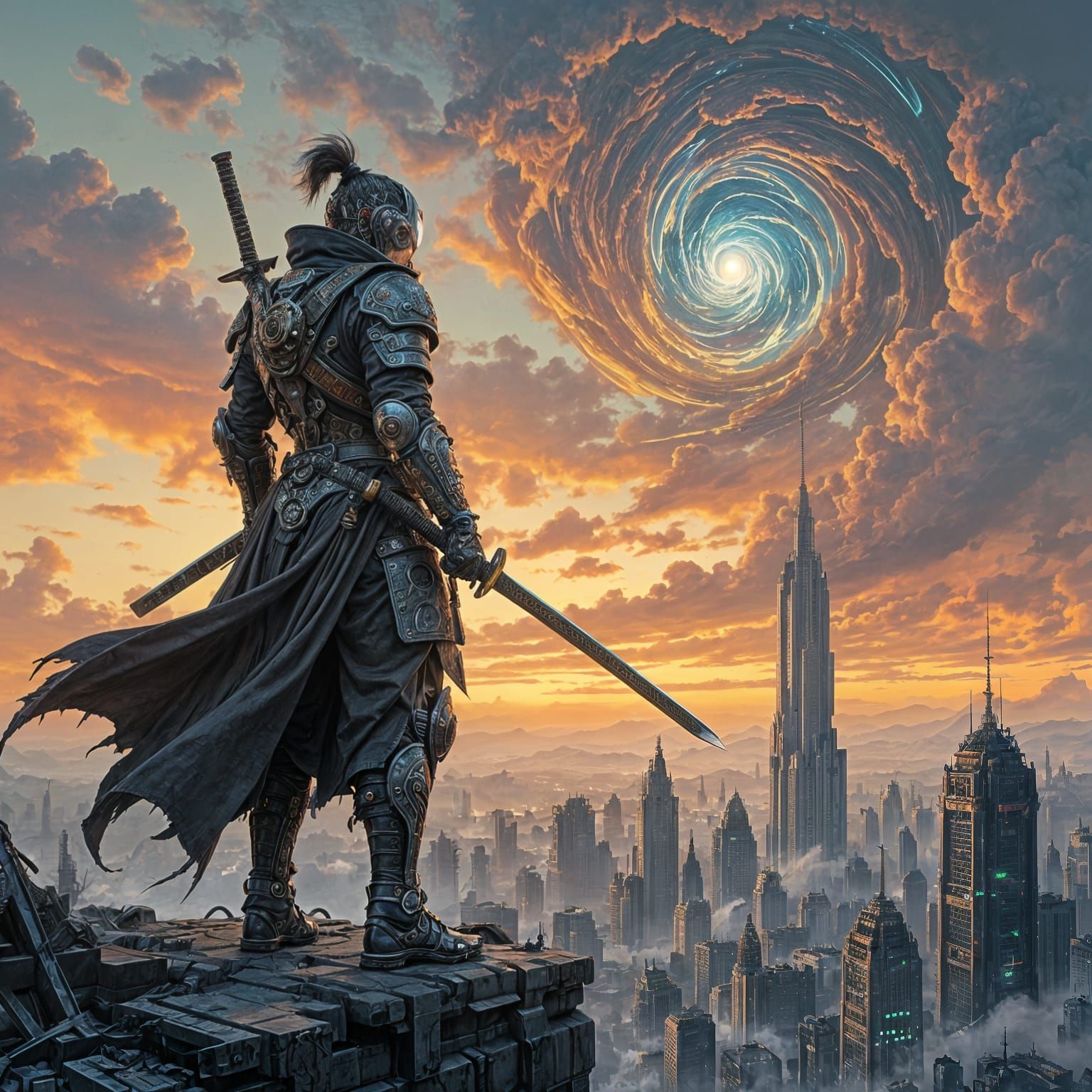 Biomechanical Samurai in Post-Apocalyptic Cityscape