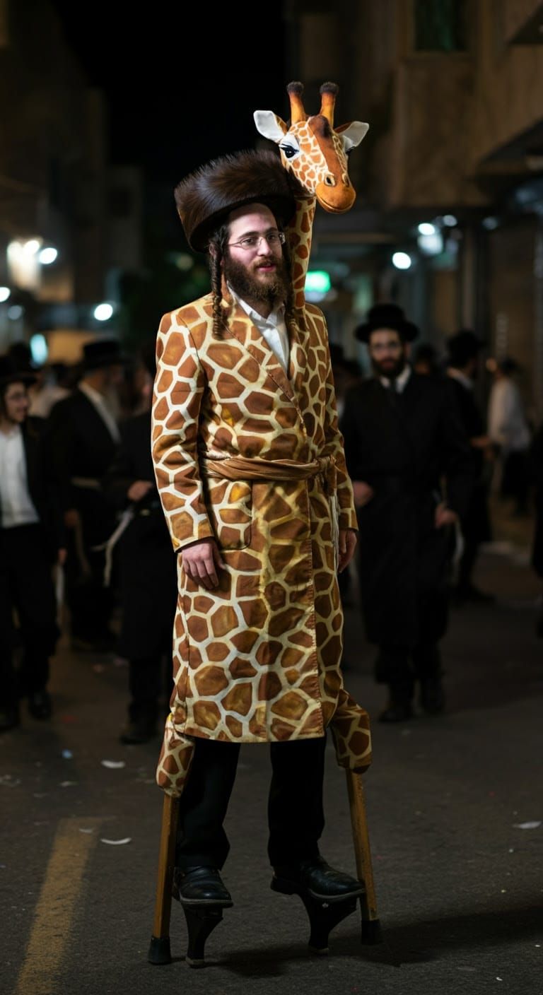 Chassidic Man Celebrates Purim in Vibrant Giraffe Costume on...