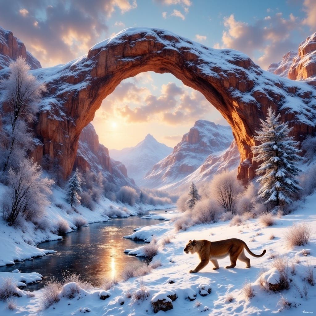 Snowy Moab Landscape with Mountain Lion in Winter