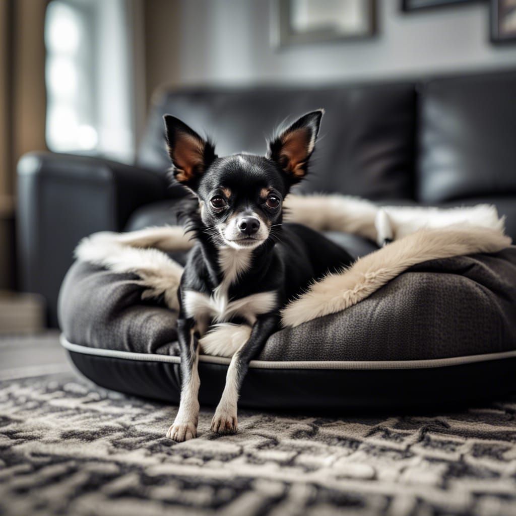 Black Chihuahua in Dog Bed, Hyperrealistic Style