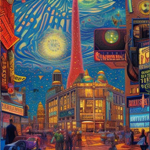 Psychedelic Cityscape in Detailed Comic Art Style