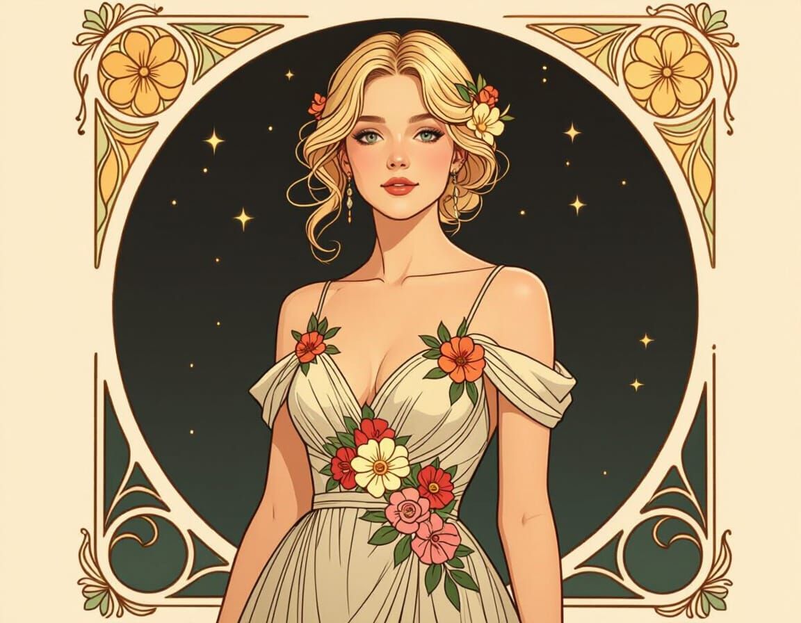 Floral Adorned Woman: Comic Book Art Nouveau Style