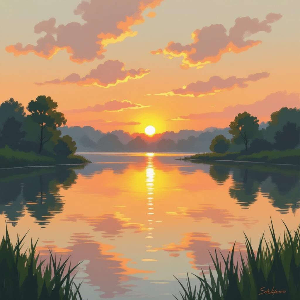 Misty Sunset Reflection on Serene Lake: Impressionist Style