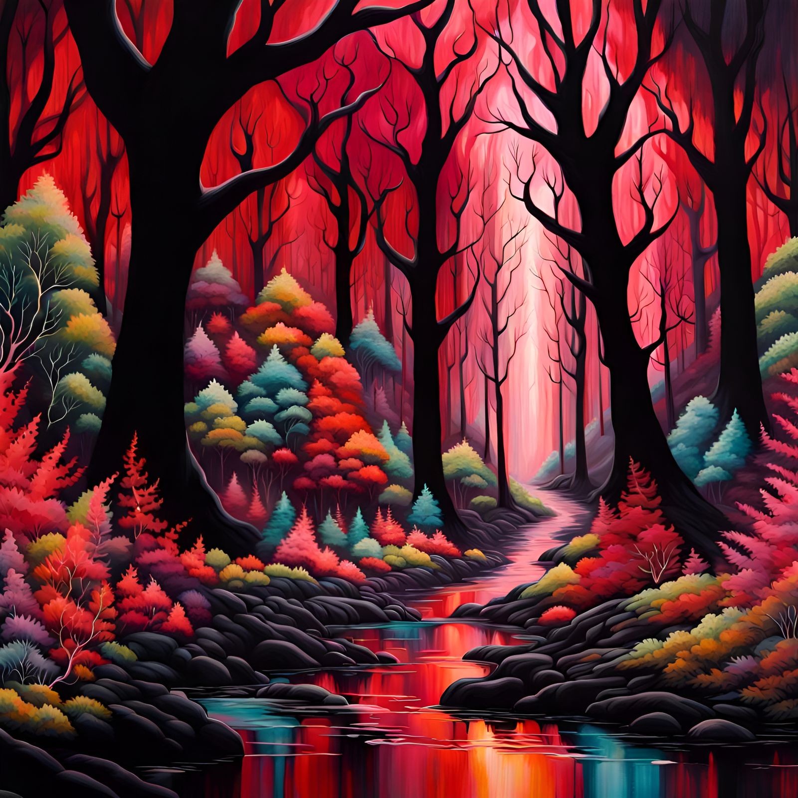 Walk through whimsical fantasy forest in multicolor crimson canyons. Thunderstrikes echo across the black sky. painted...
