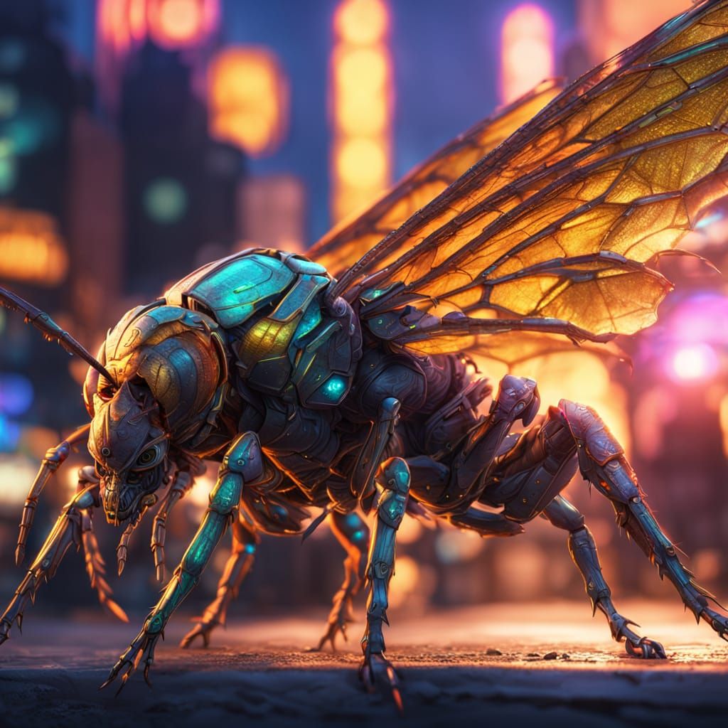 Insectoid Creature in Neon City: Sci-Fi Concept Art