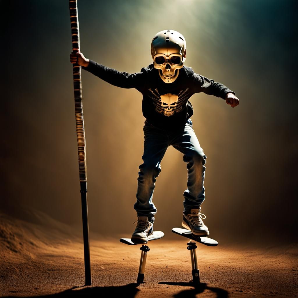 Eerie Skeletal Kid on Pogo Stick Portrait