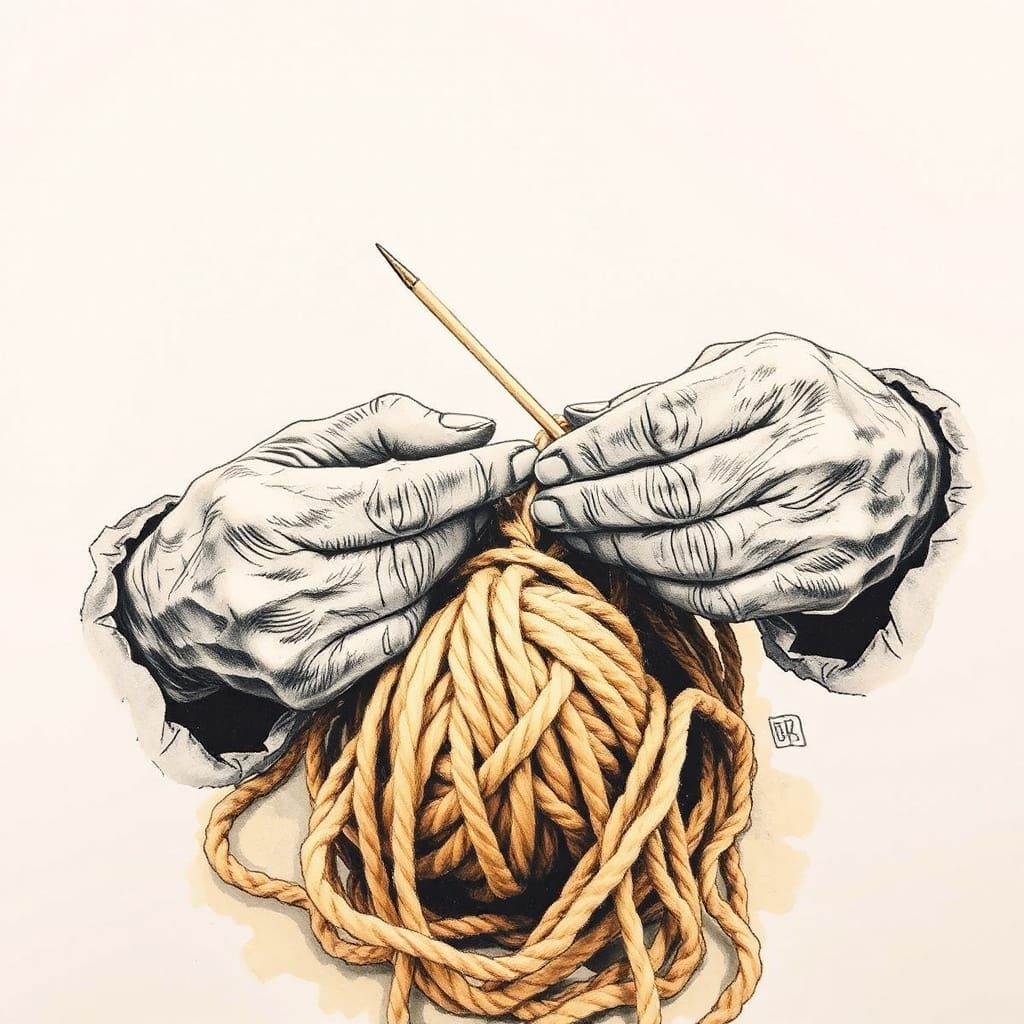 Weathered Hands Knitting in Sepia Tones