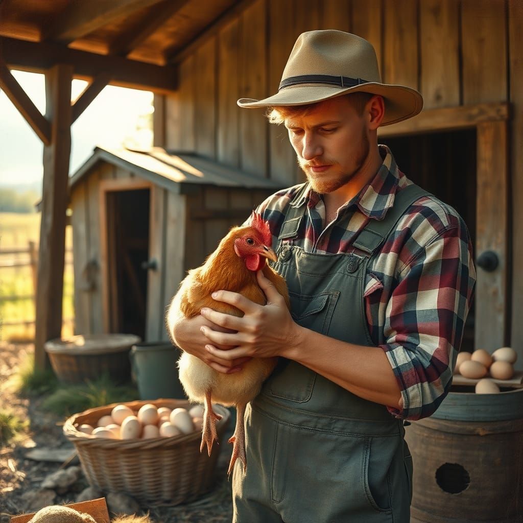 Young Farmer Plucking Chicken in Rustic Realism Style