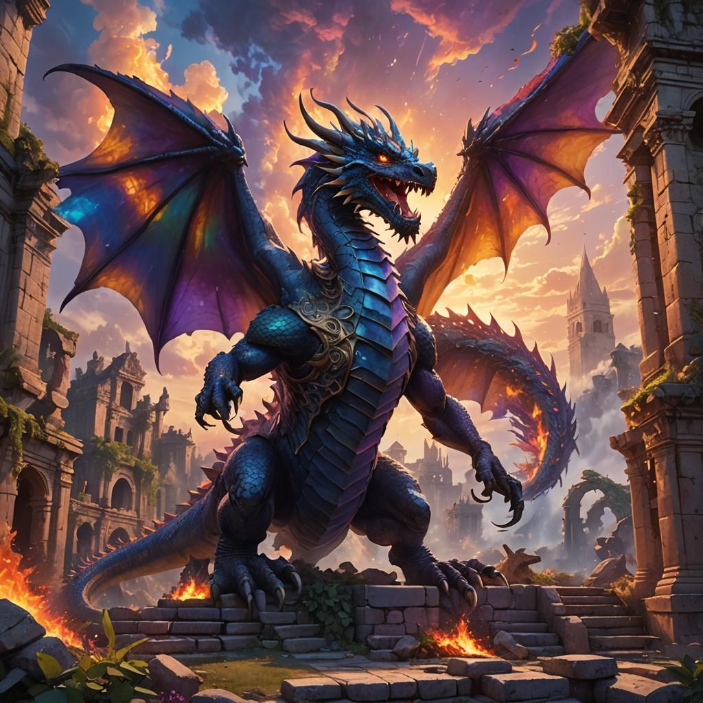 Colossal Dragon's Fiery Breath in Ancient Ruins