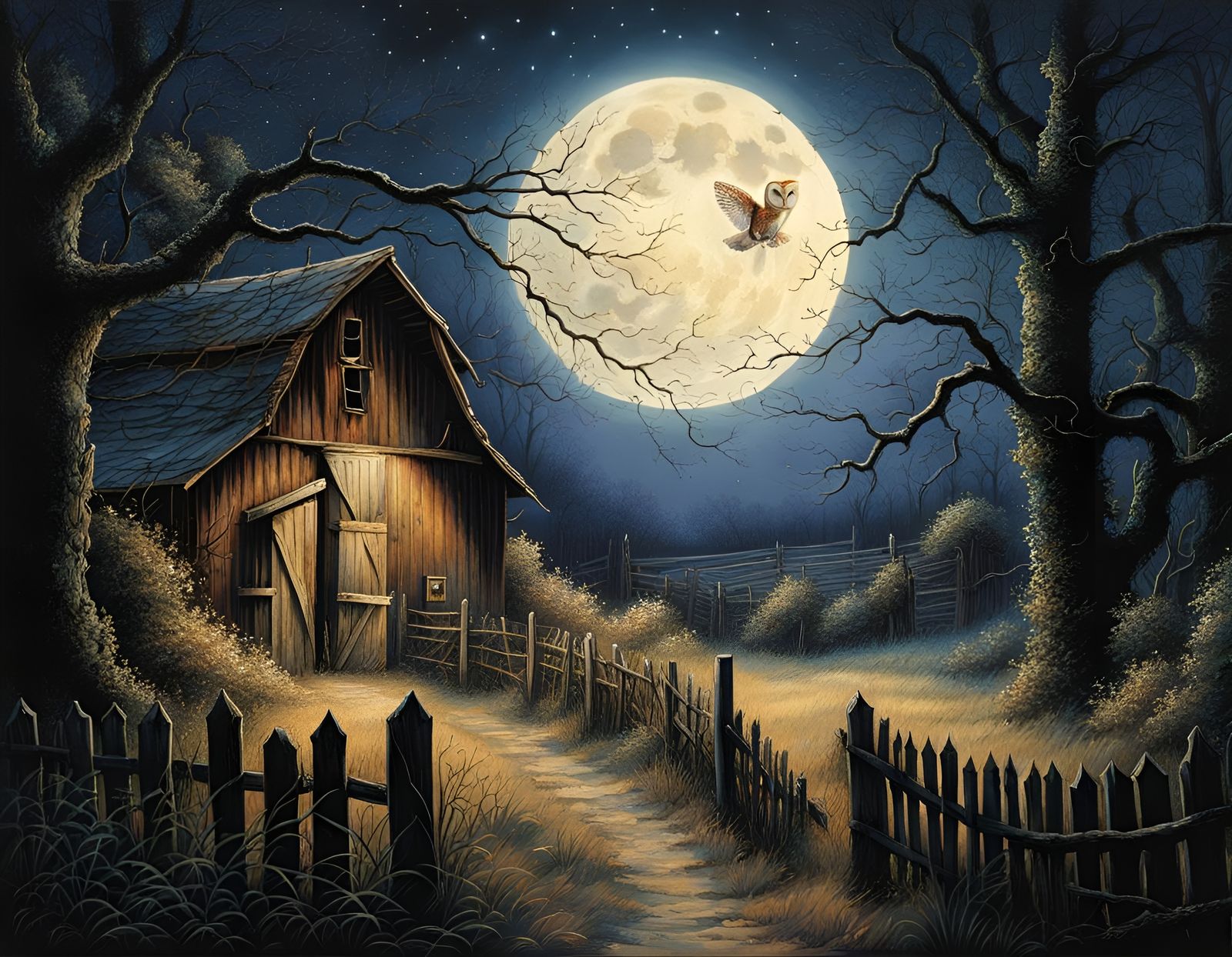 Eerie Barn Owl in Moonlight Silhouette