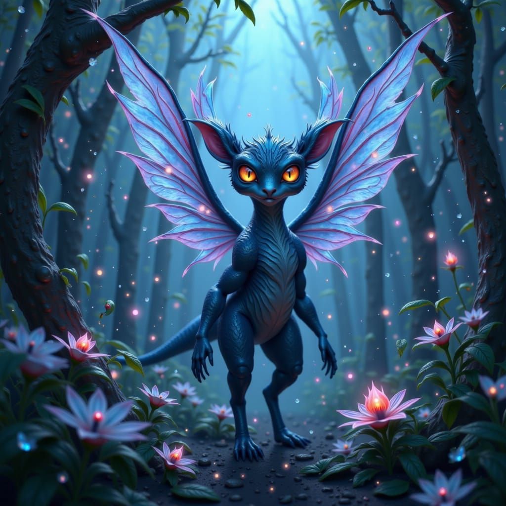 Fantastical Creature in Bioluminescent Forest Digital Painti...