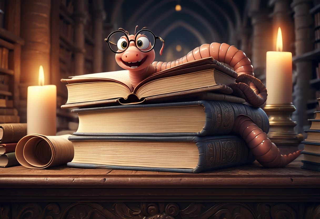 Magical Bookworm in Medieval Library