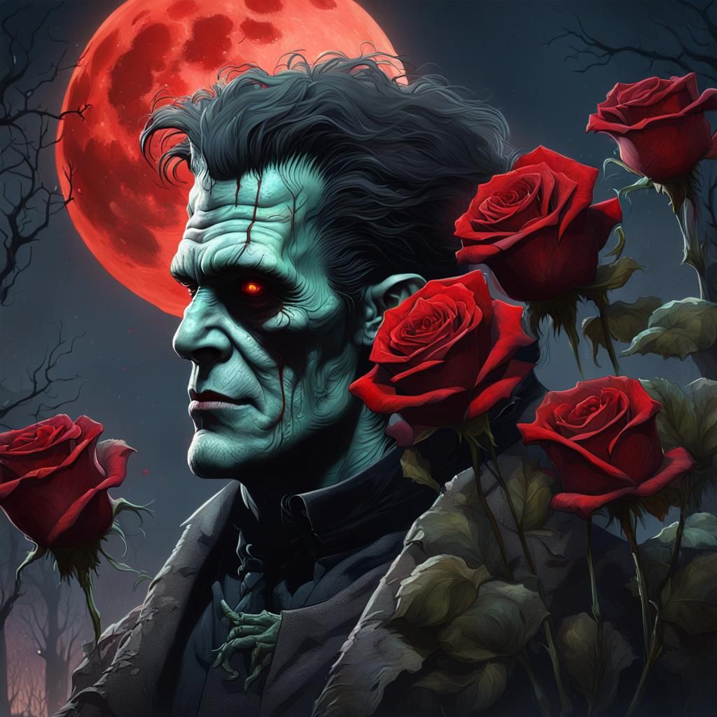 Frankenstein and Bride with Roses, Hyperdetailed Portrait