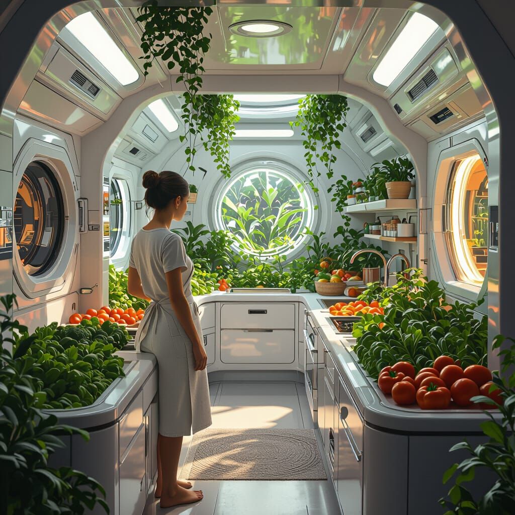 Futuristic Apartment with Lush Greenery in Cinematic Lightin...