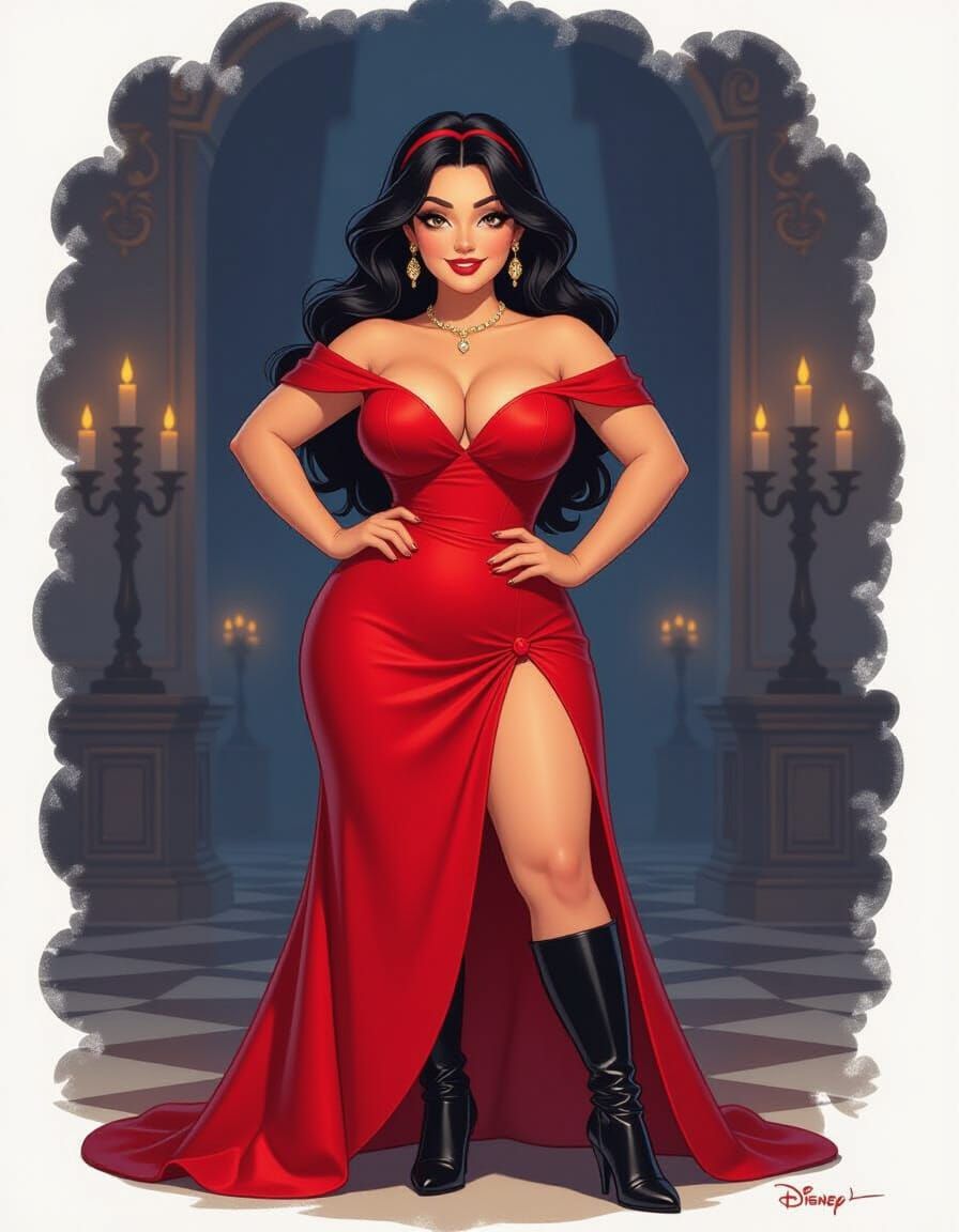 Jasmine in Red Gown in Dark Ballroom