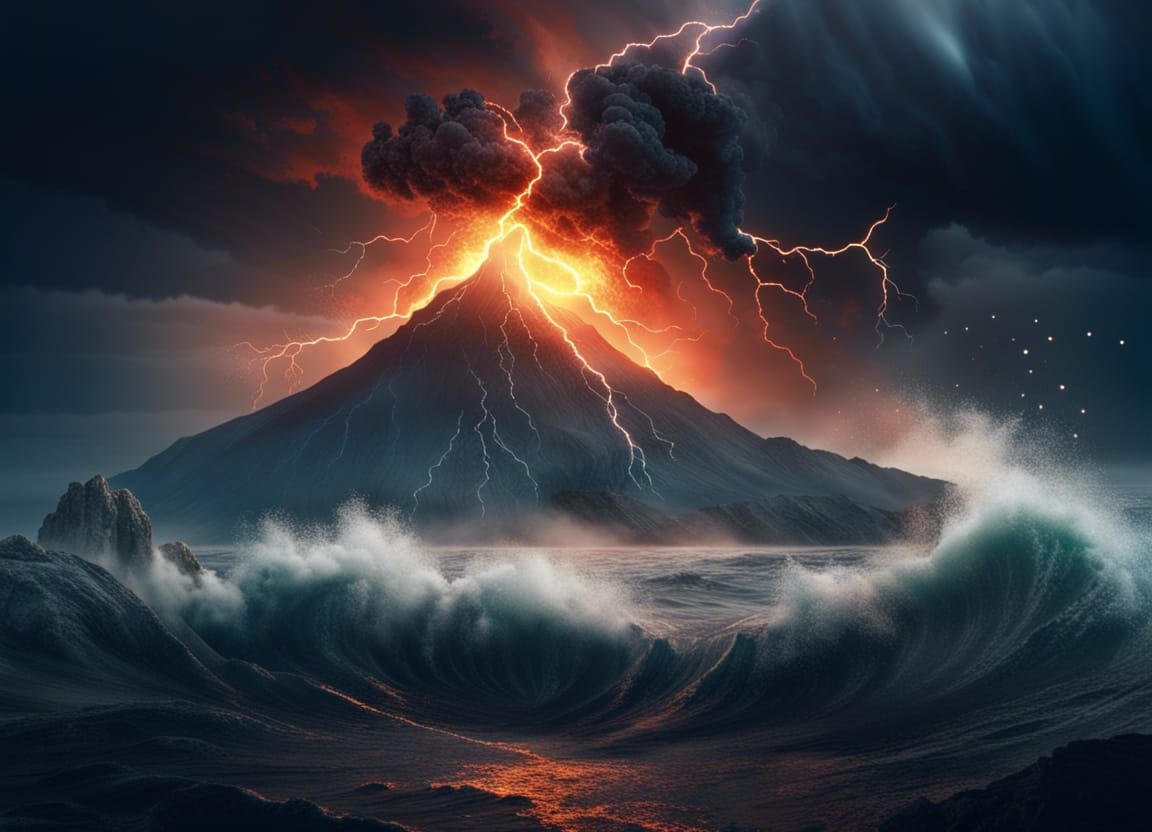 Turbulent Sea with Lightning and Distant Volcano
