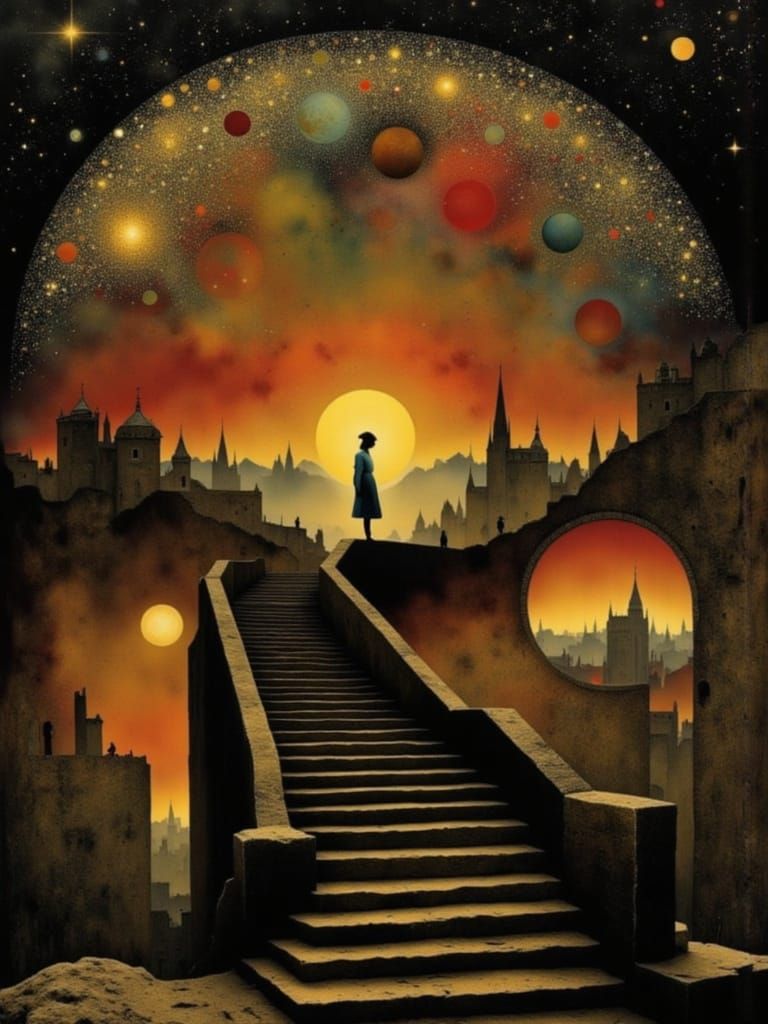 Woman Walks Winding Road in Surreal Landscape