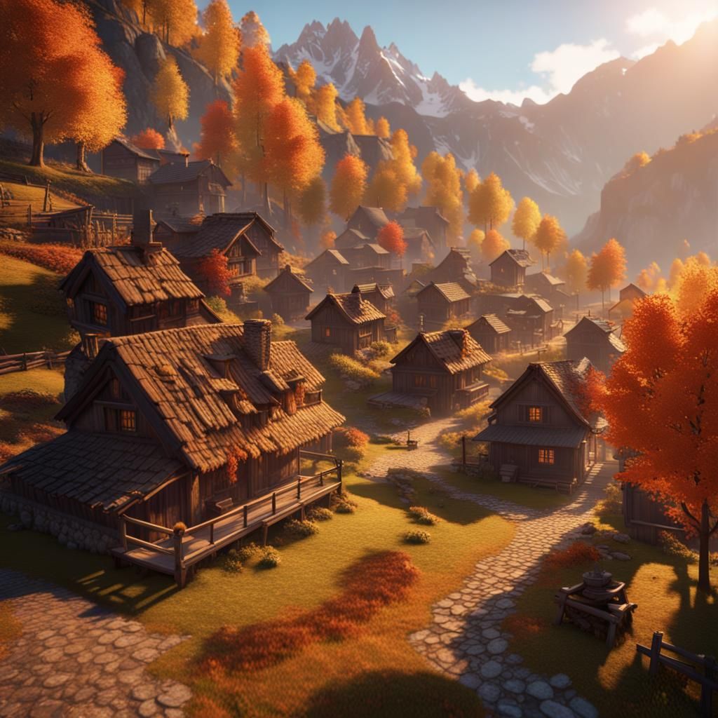 Autumn Mountain Village in Golden Hour: 3D Render