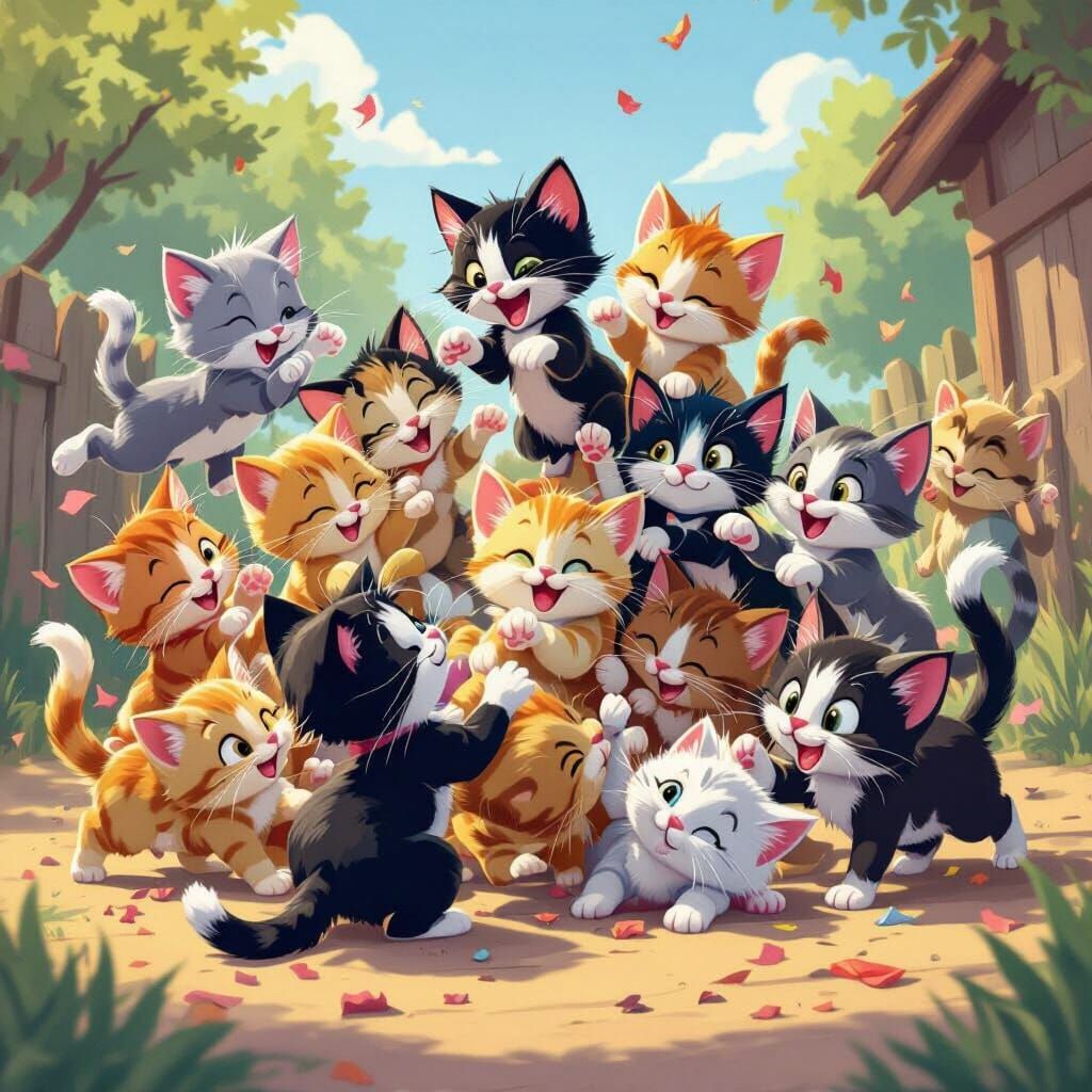 Adorable Kittens Playfully Mishap in Whimsical Cartoon Style