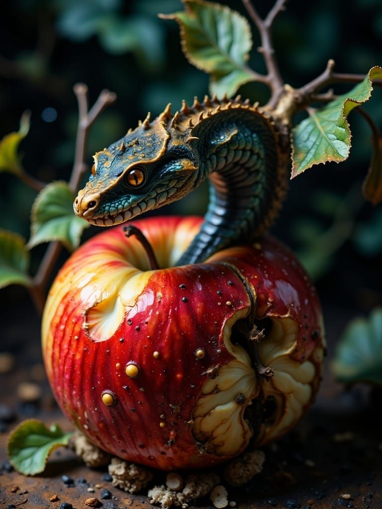 Serpent Emerges from Apple: Cinematic Film Still