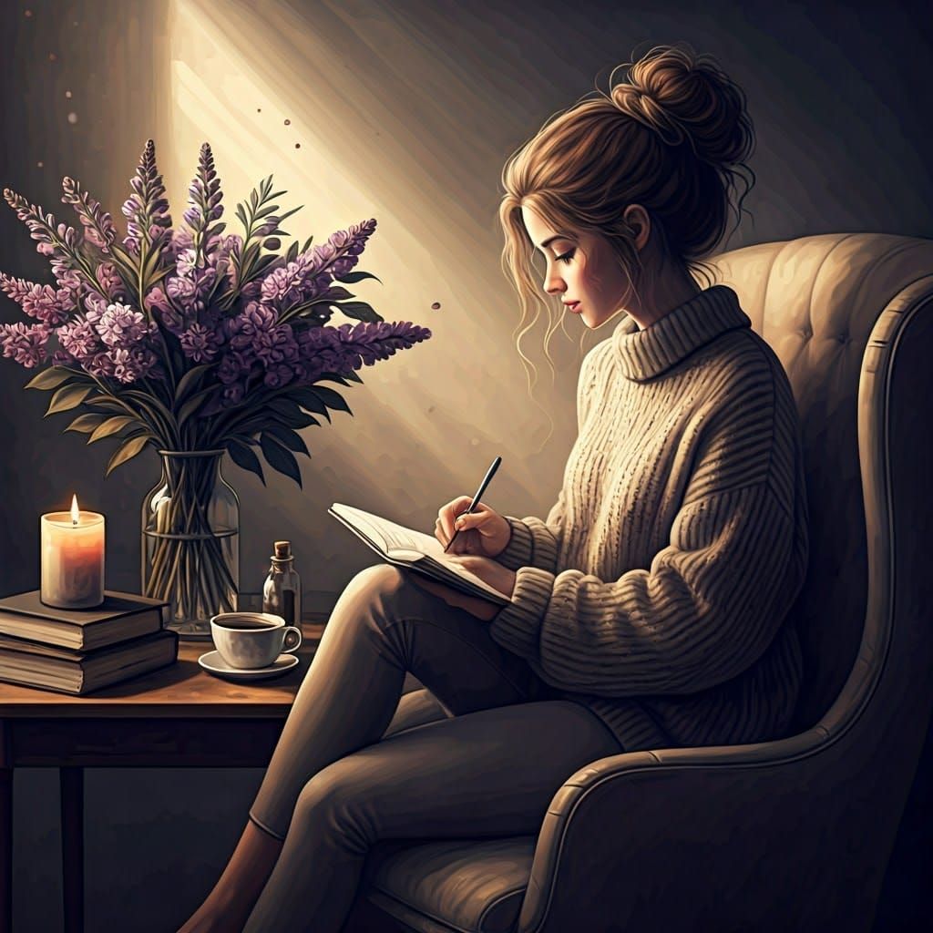 Serene Writer in Monochromatic Cozy Scene