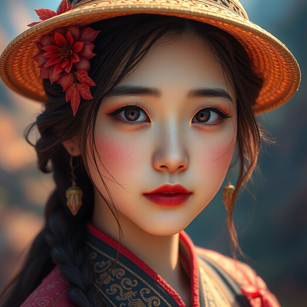 Korean Girl Portrait in Autumn Valley, Matte Painting