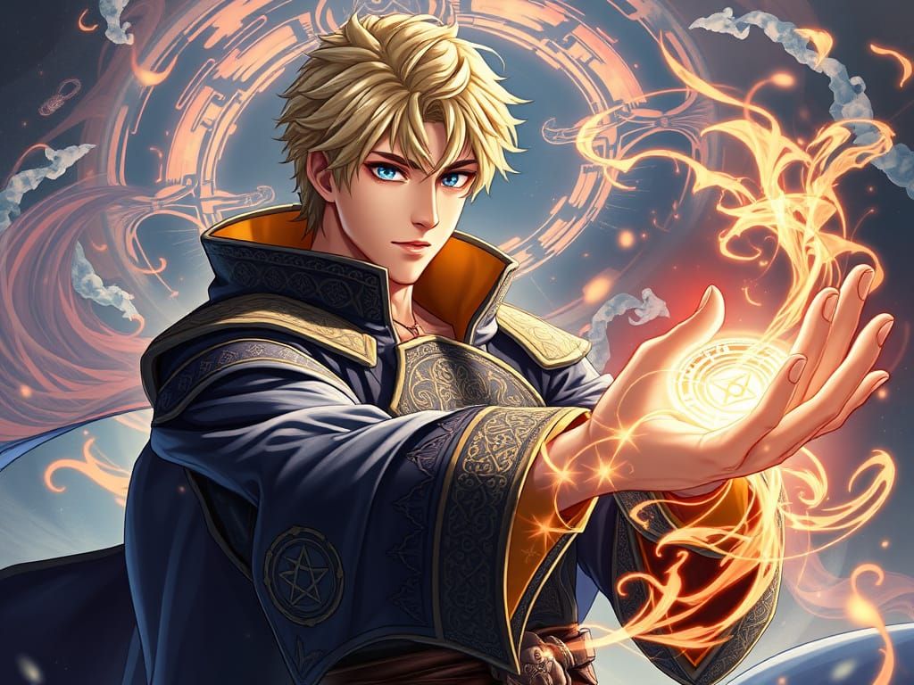 Elegant Mage in Embroidered Fantasy Robes Casting a Powerful...