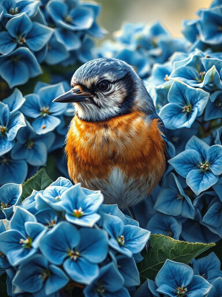 Bluejay Bird in Vibrant Hydrangeas, Detailed Realism