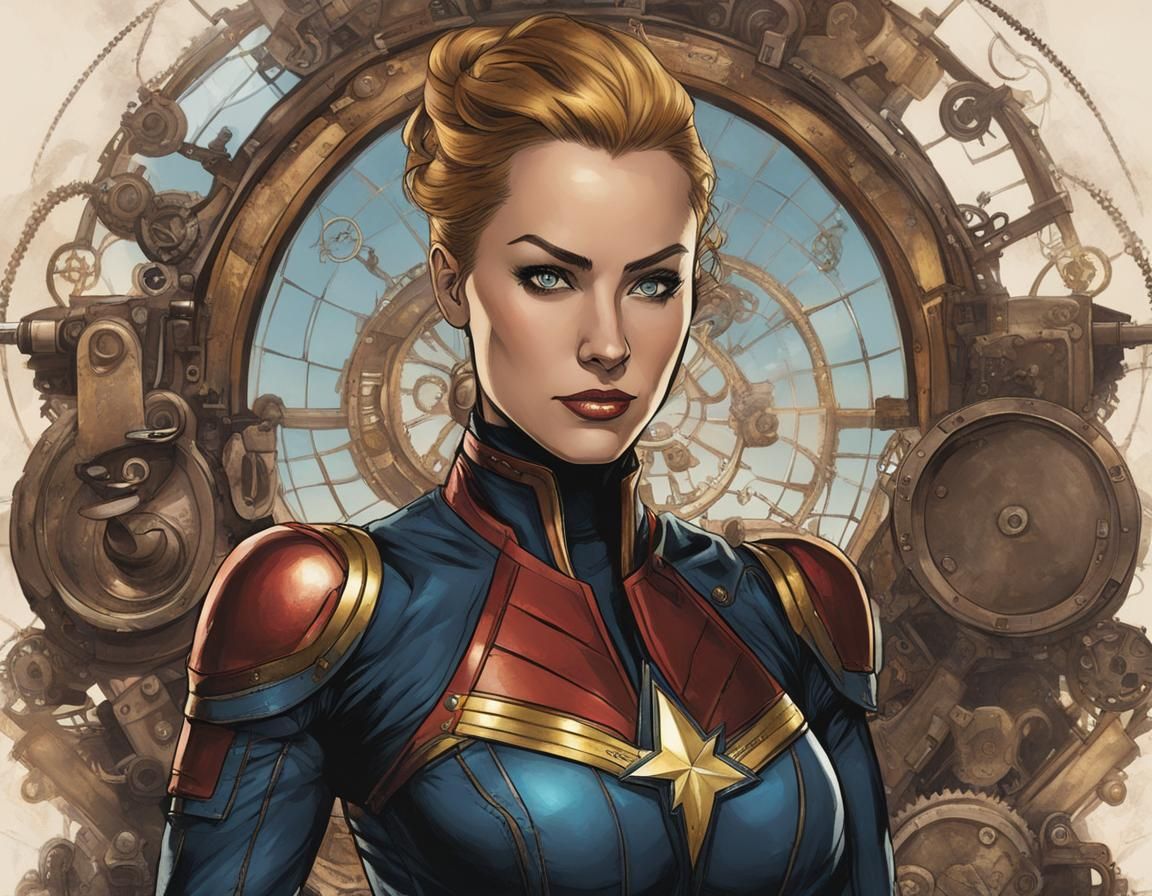 Steampunk Captain Marvel Portrait in Sinister Comic Style