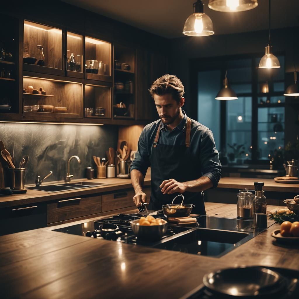 Moody Kitchen with Dark Wood and Tinted Glass