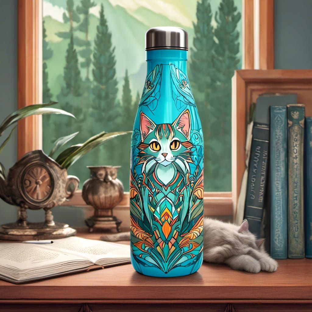 Water Bottle and Kitty in Art Deco Style