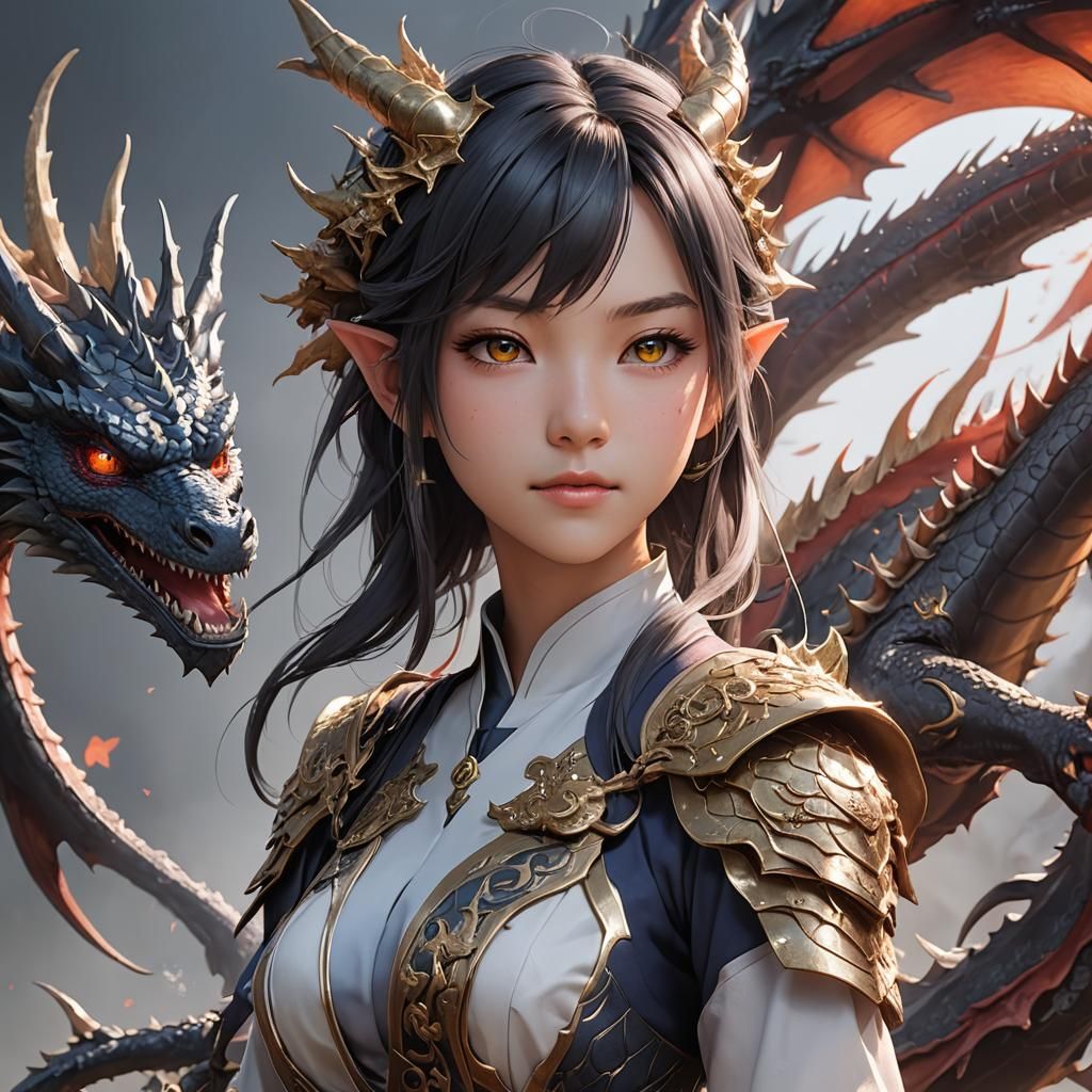 Anime-Style Half-Girl Half-Dragon Concept Art