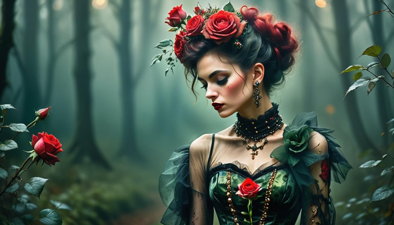 Baroque Punk Woman with Rose, Macro Photography