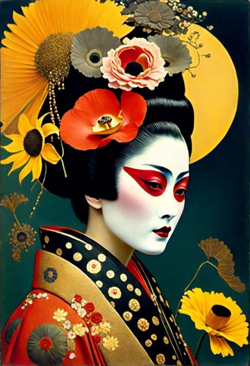 Iridescent Collage: Shogun, Geisha, and Carnival Masks