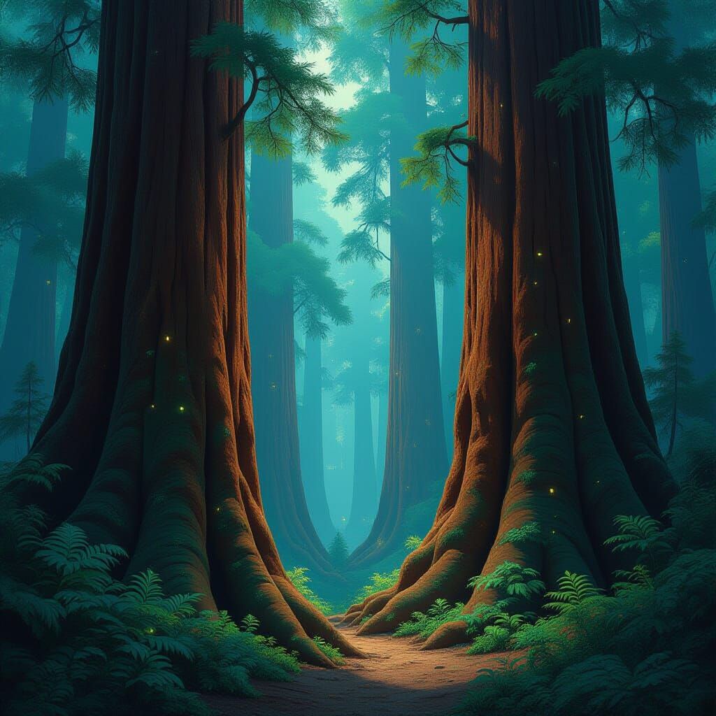 Giant Redwood Forest with Bioluminescent Creatures