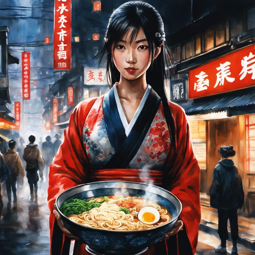Japanese Girl with Ramen in Cyberpunk Watercolor Art