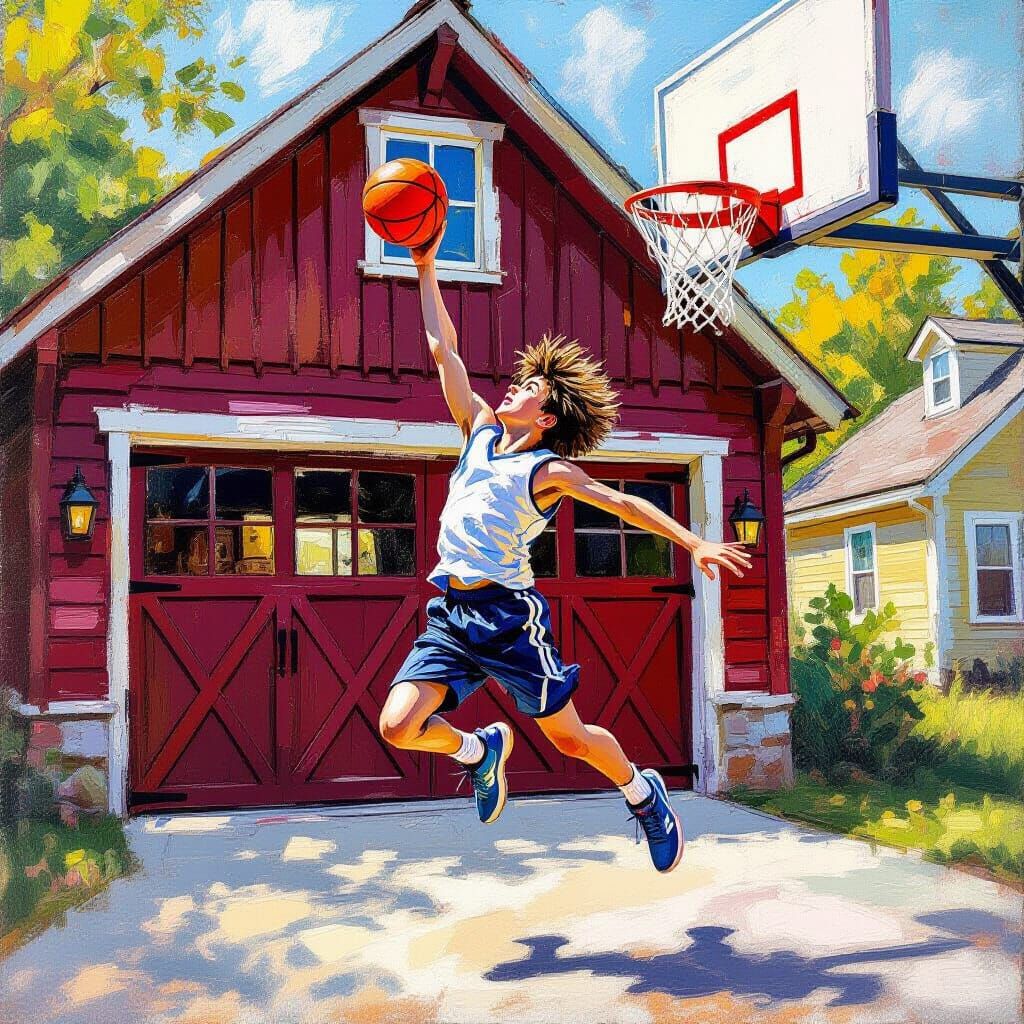 Teen Boy Shoots Basketball in Oil Pastel Style