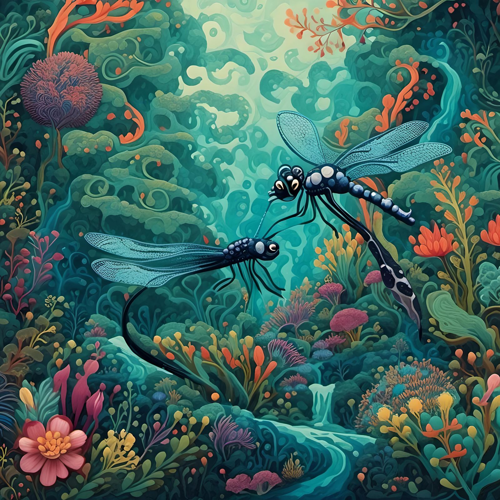 Huichol Yarn Painting: Dragonfly Sea Dragon Orca