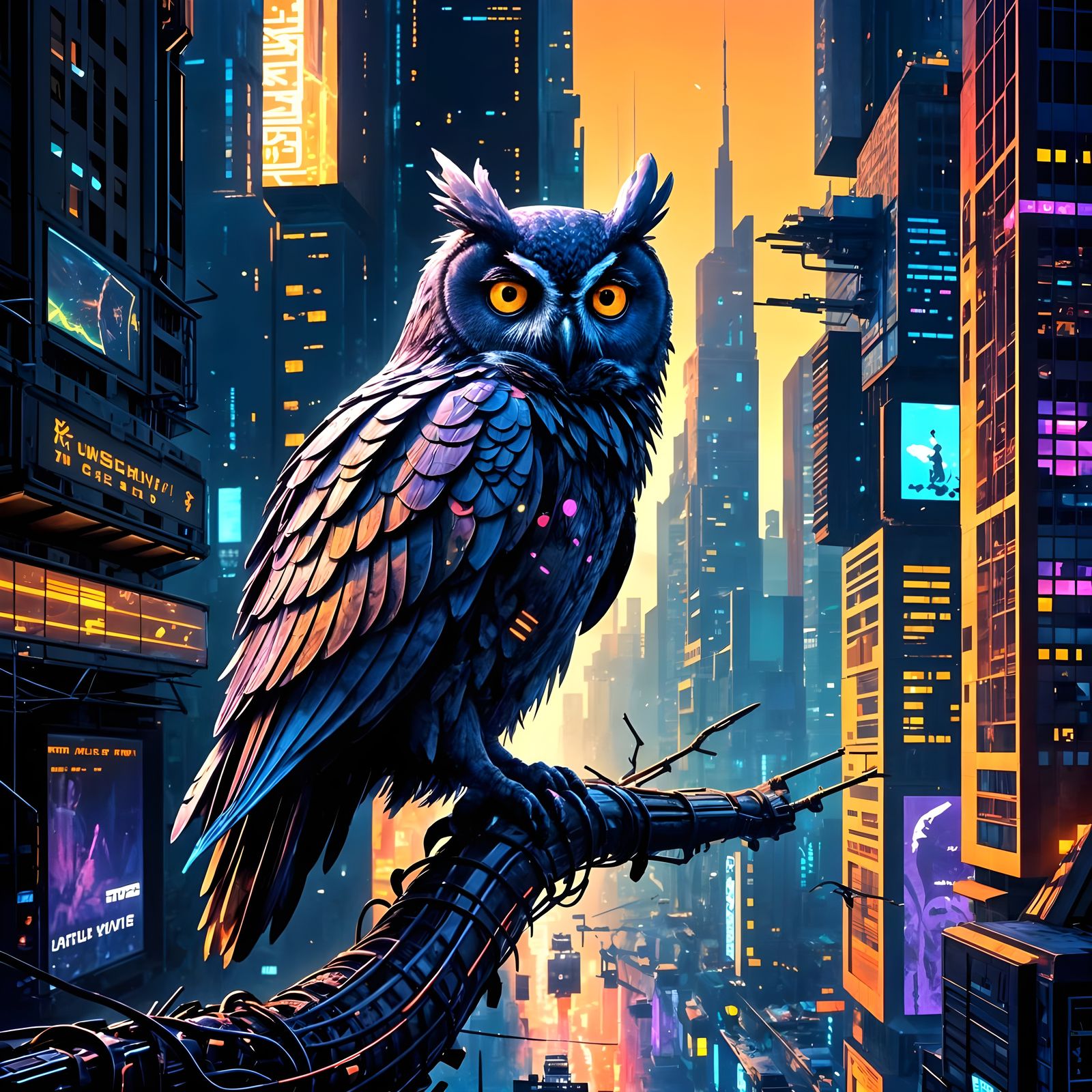 Cyber Owls in a Futuristic Neon Landscape