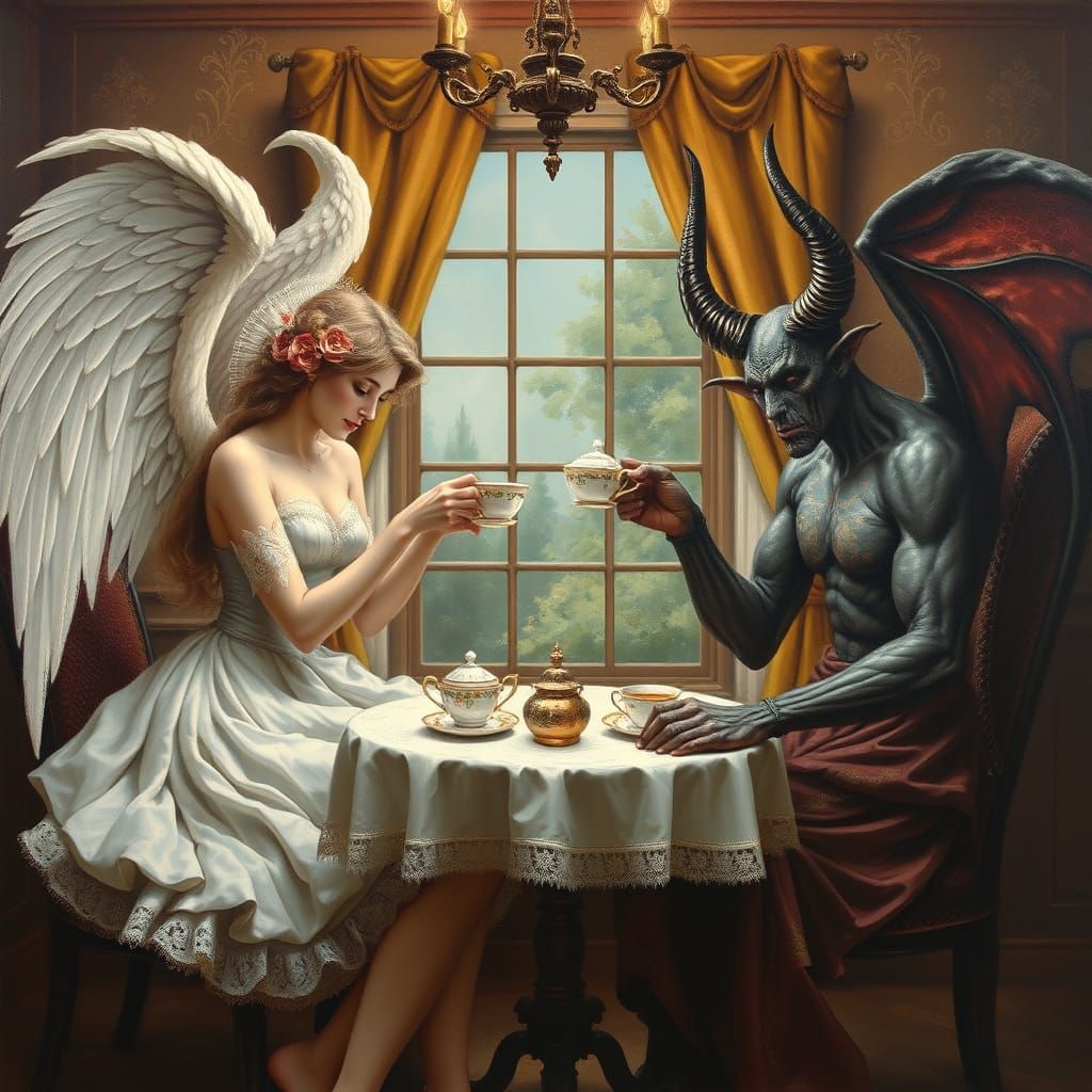 Angel and Demon Share Tea in Victorian Home Oil Painting