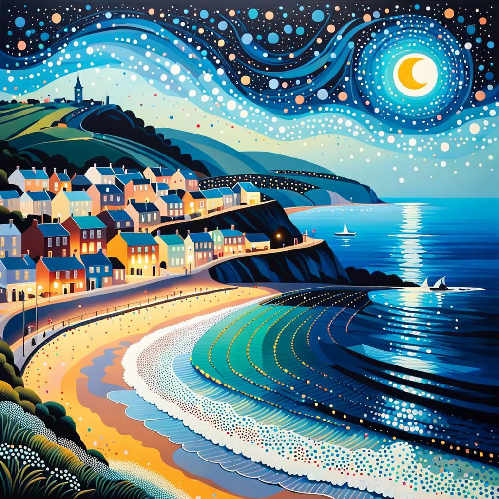 Swanage Bay Nightscape in Pointillism Style