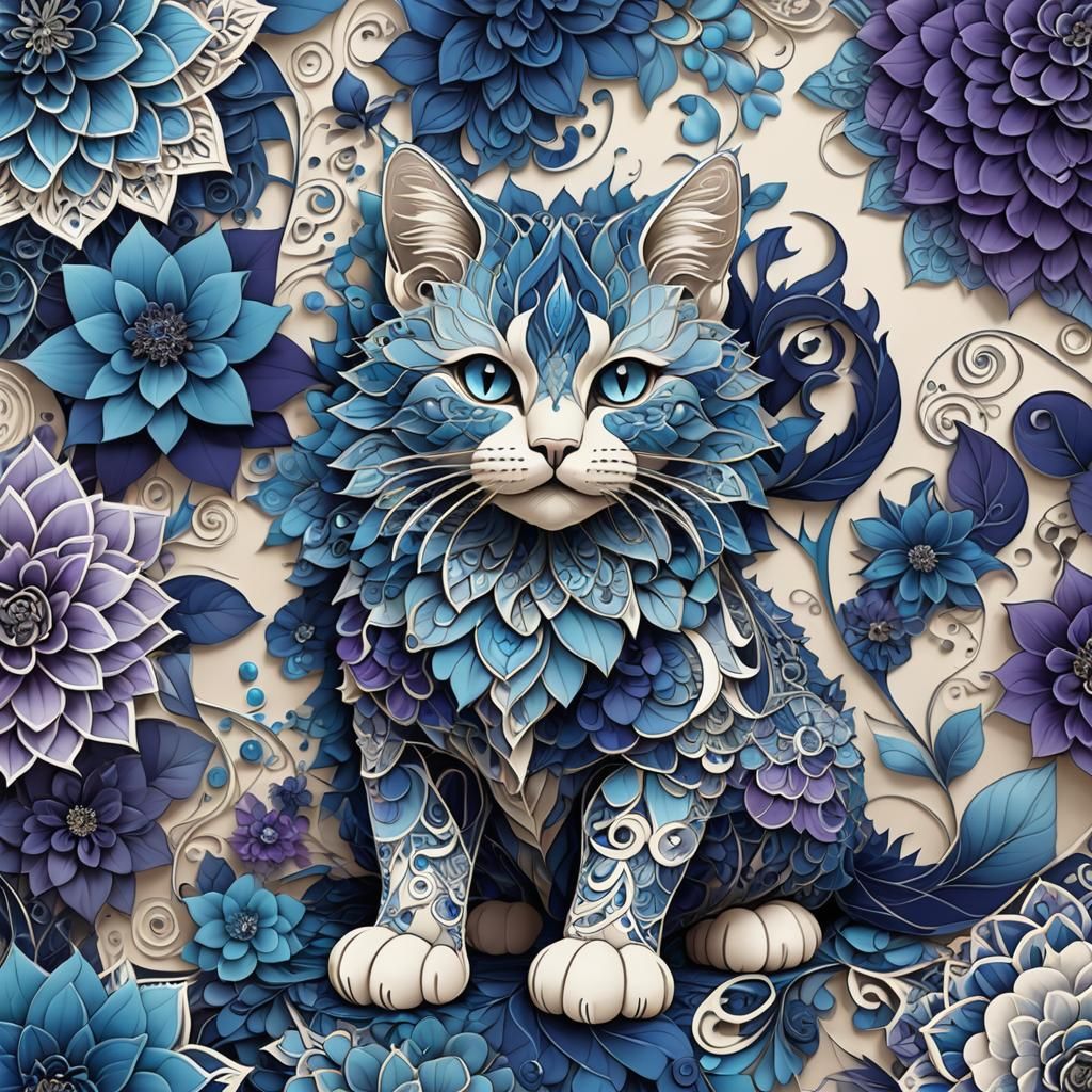 Blue Flowers Form Cat in Abstract Fractal Art