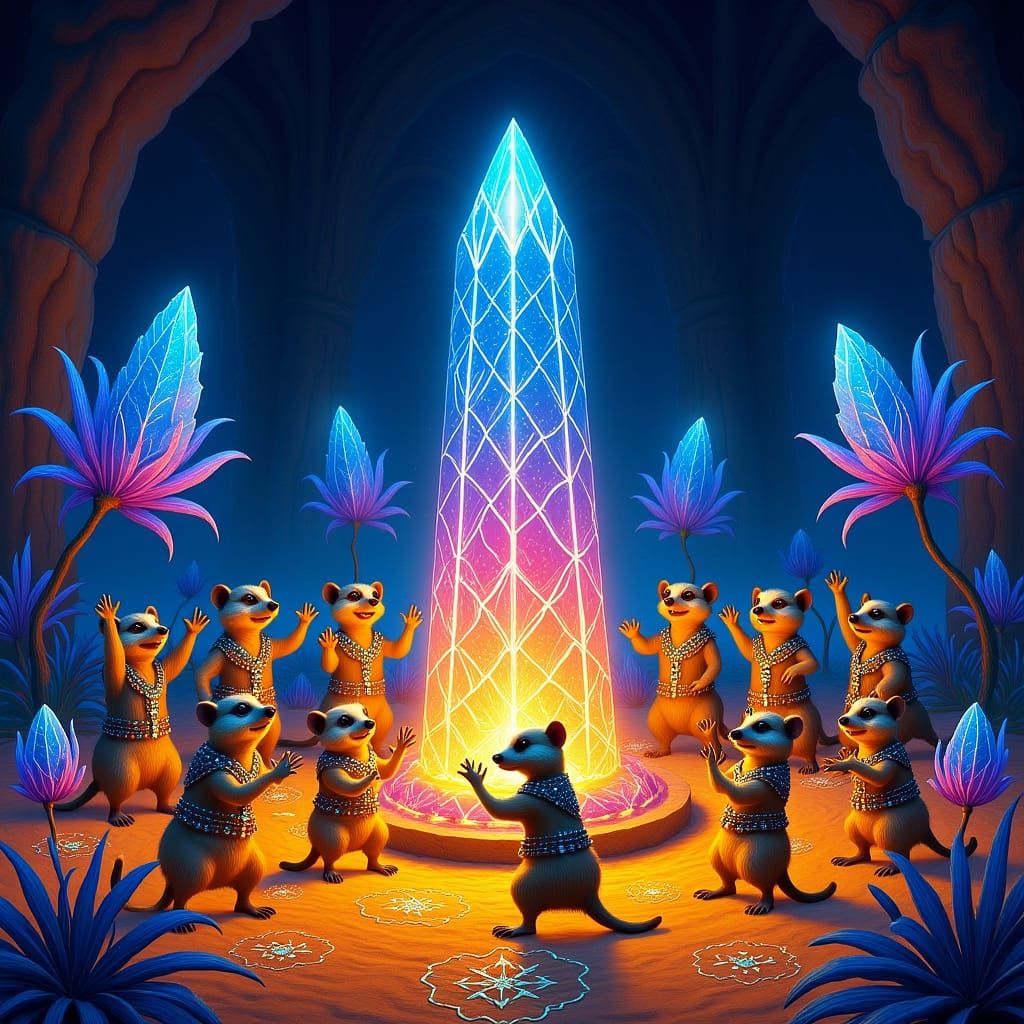 Meerkats Dance in Bioluminescent Cavern: Digital Painting