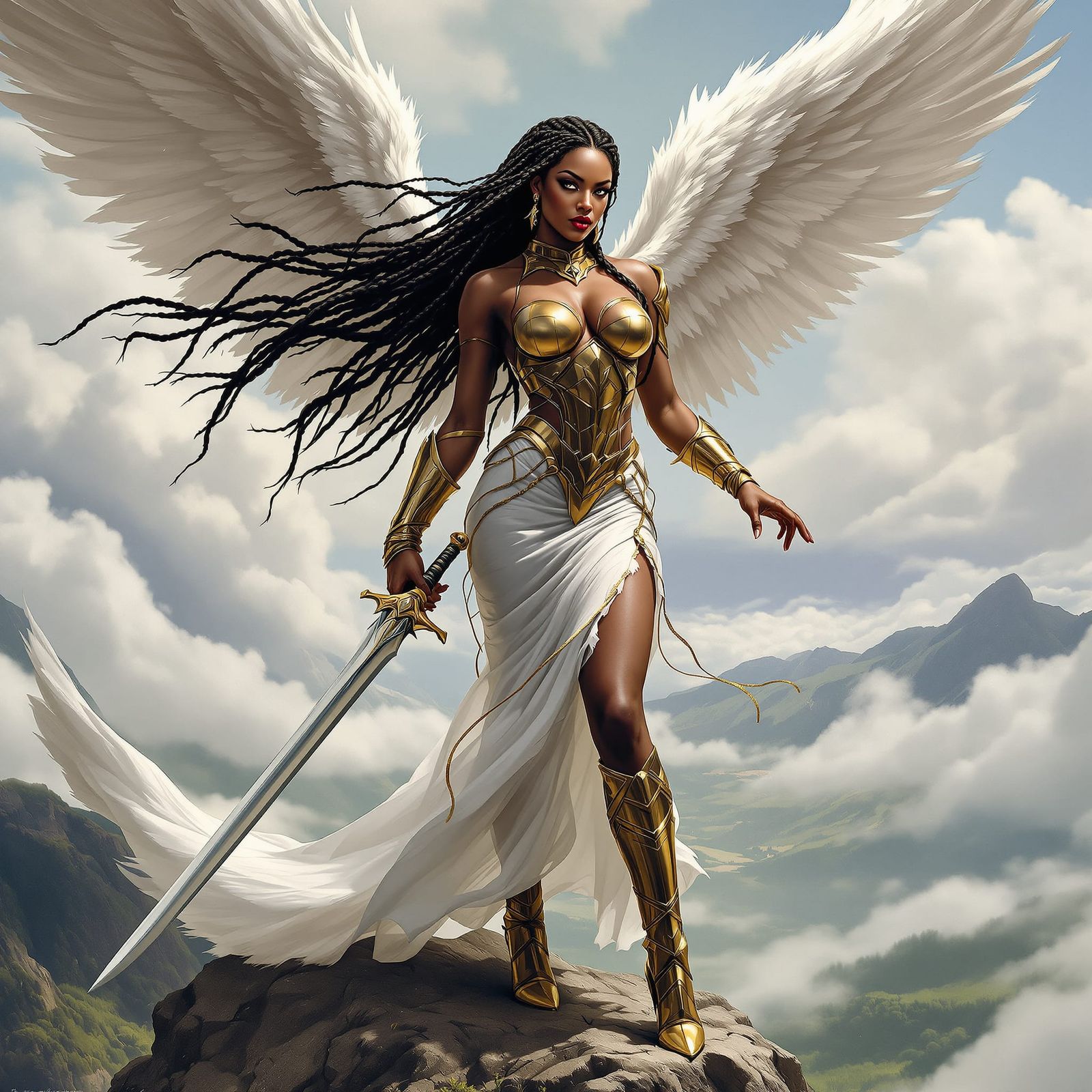 Black Goddess Warrior Confronts Demon on Mountain