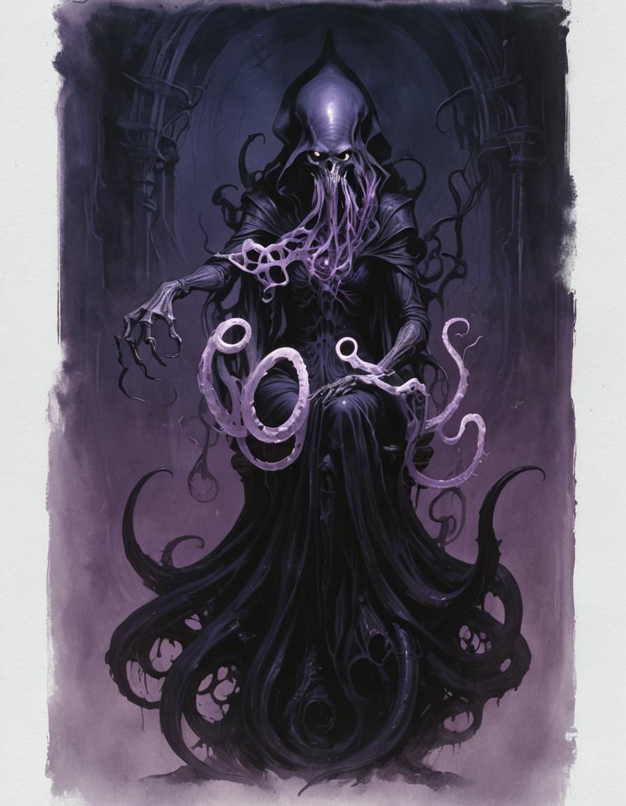 Mindflayer in Mystical Chamber: Dark Fantasy Illustration