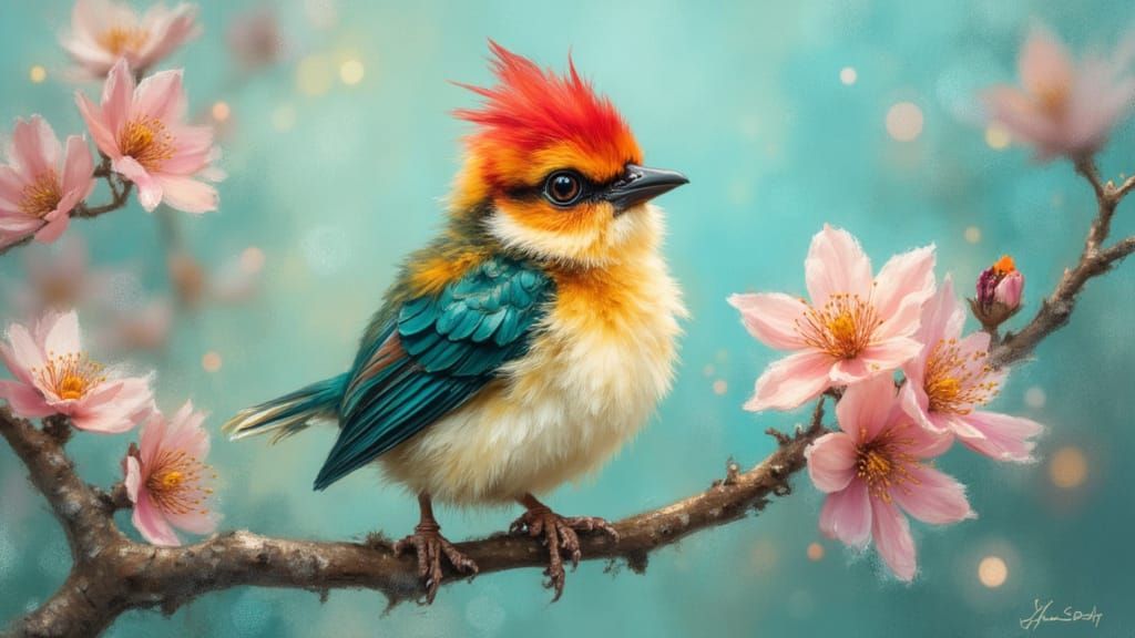 Vibrant Bird Chick on Flowering Branch in Impressionist Styl...
