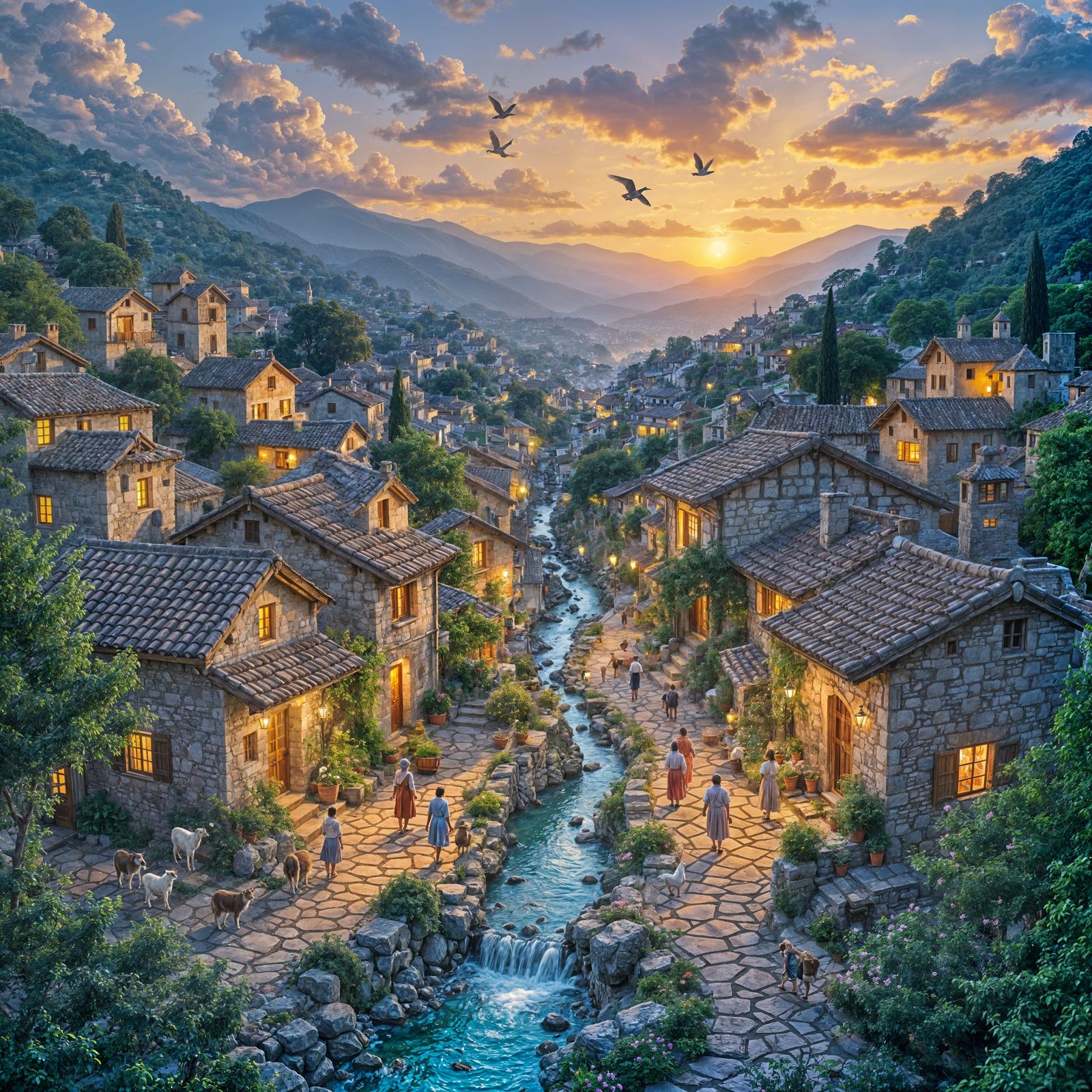 Ancient Village at Twilight: Painterly Vintage Style